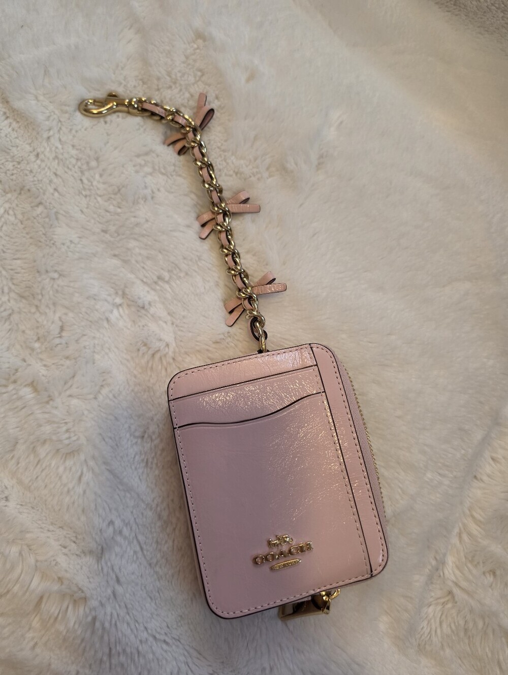 Coach Zip Card Case With Bows Chain Wristlet Leather CEC13 - Picture 2 of 7